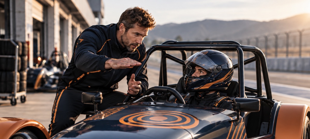 Тренер Atlas Racing разбирает прохождение поворота с пилотом в кокпите short-cut